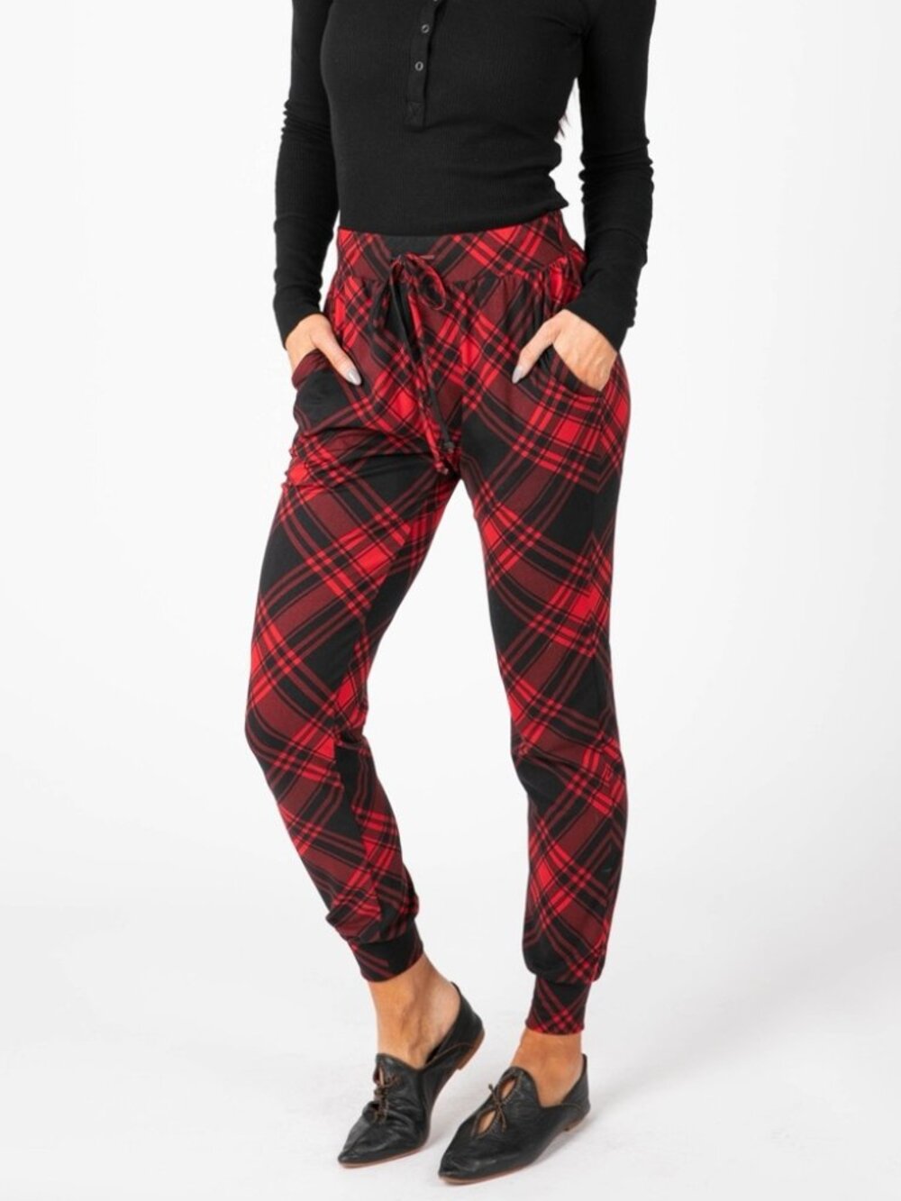 Agnes & Dora Everyday Jogger Red Black Plaid Drawstring Pants - Holiday
